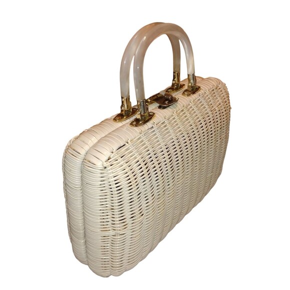 Vintage White Wicker Purse w/Pearl Lucite Handles Mid Century Modern Hong Kong - Picture 15 of 16